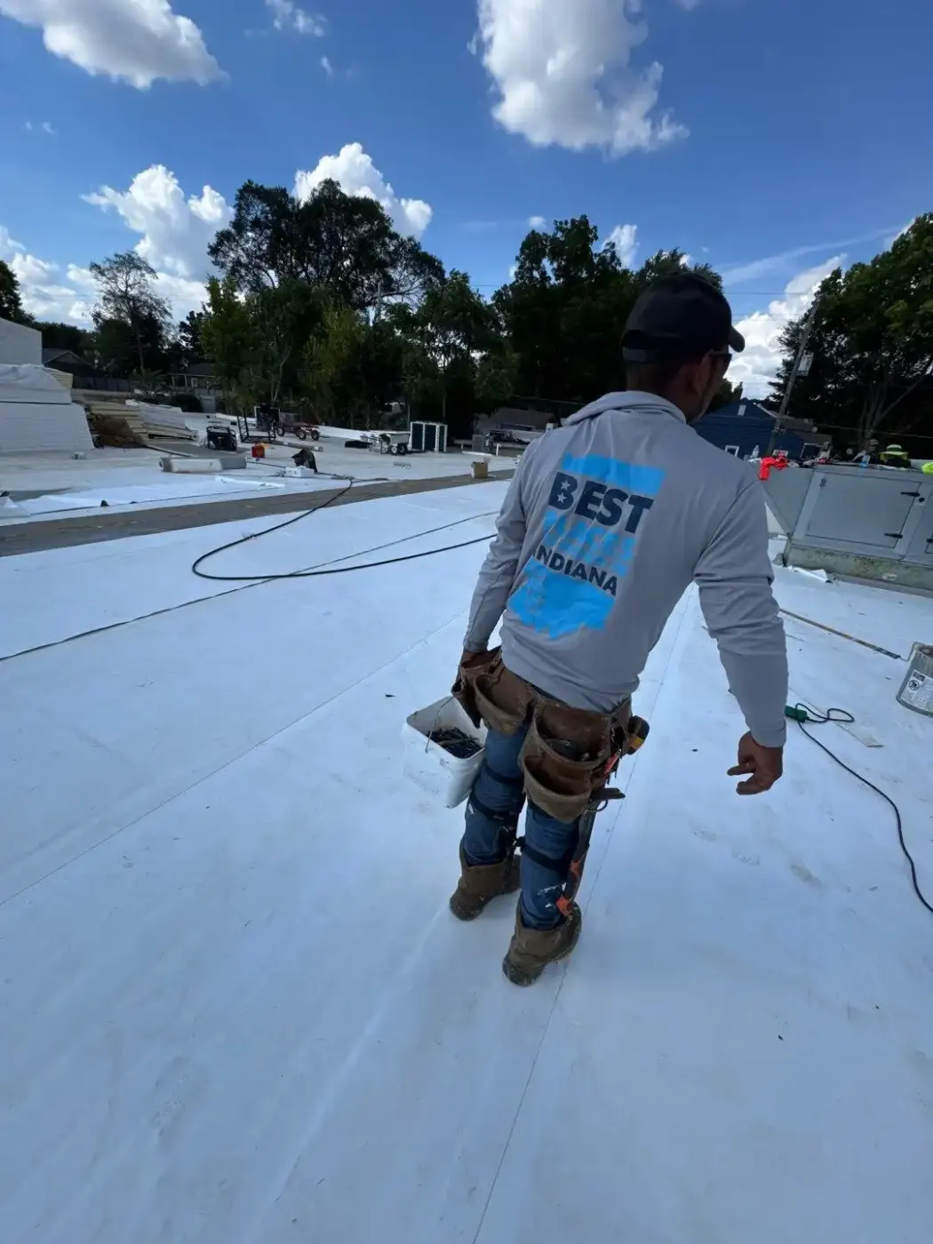 Tarping and dry-in on a Lake Station commercial roof